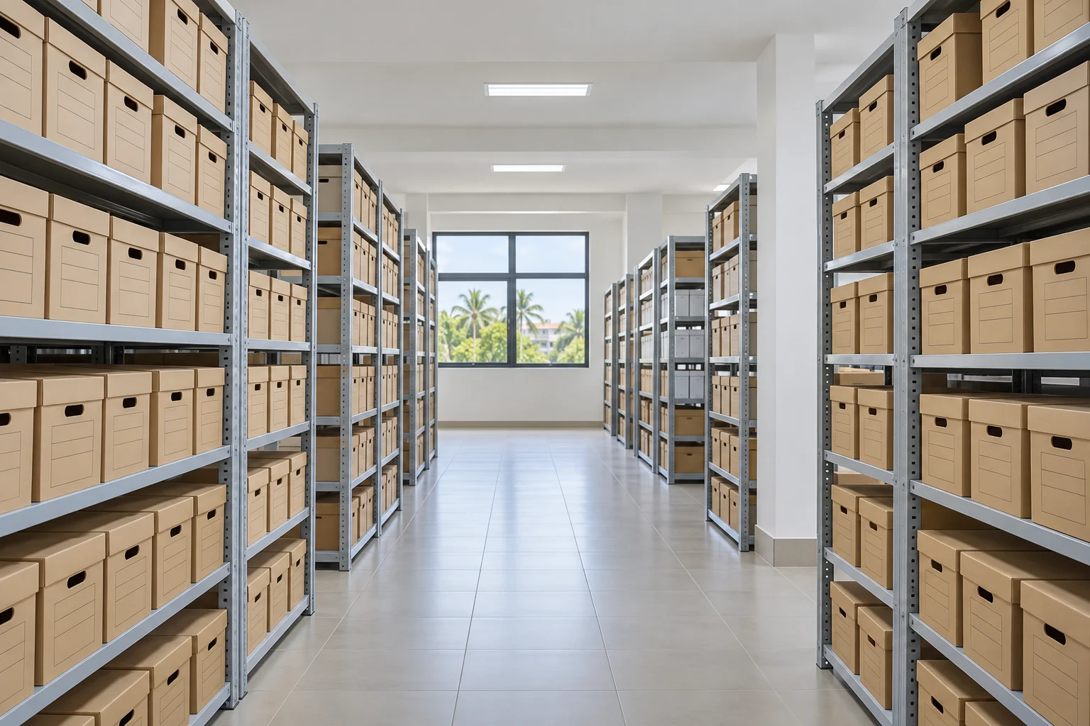 Illustration d’une salle d’archives avec rayonnages et boîtes de rangement